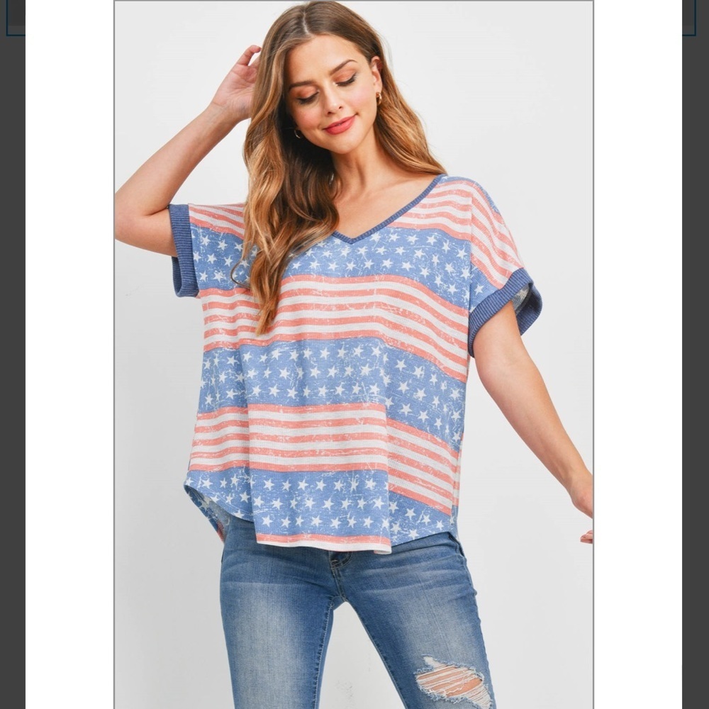 Perfect Peach Rib Neck and sleeve band American flag top denim/coral navy